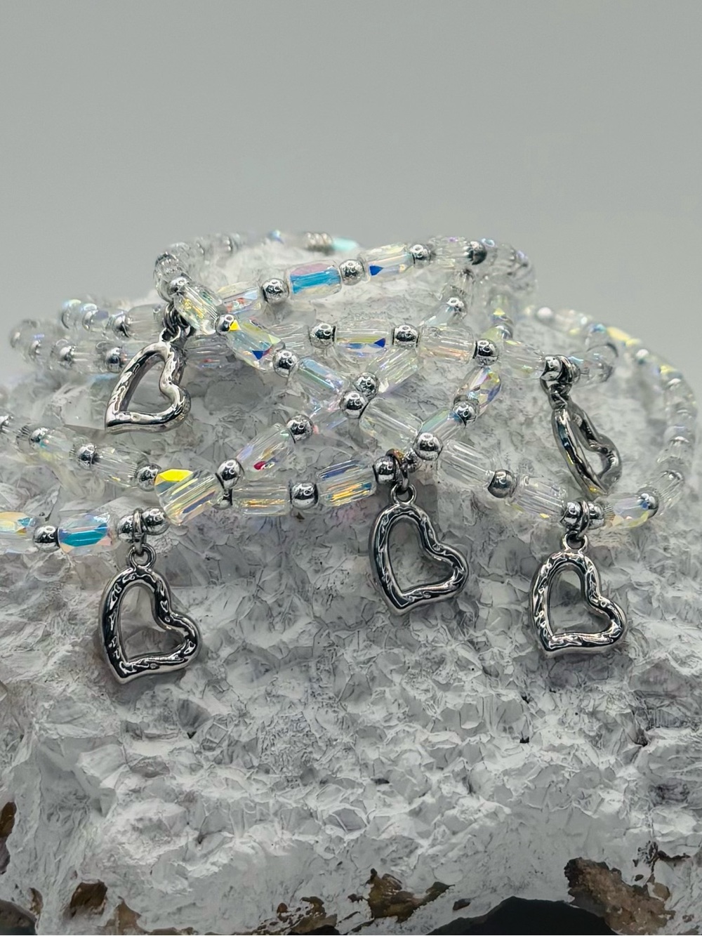 *Anklet* Silver Heart & AB Crystal Stretchy Ankle Bracelet - Picture 7 of 7